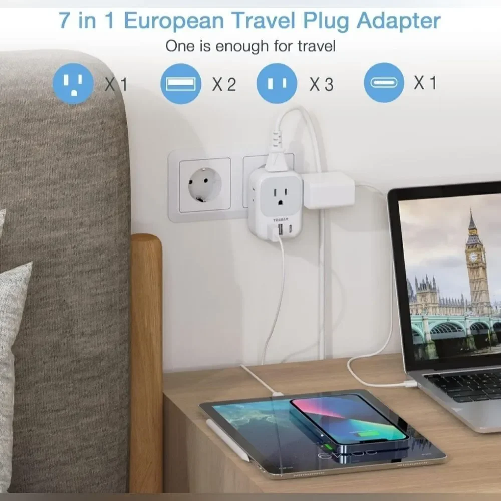 European Travel Plug Adapter USB C, TESSAN International Plug Adapter with 4 AC